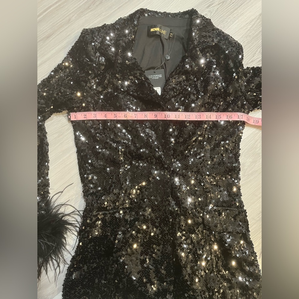 Black Sequin Blazer with Feather Cuffs - Picture 7 of 15